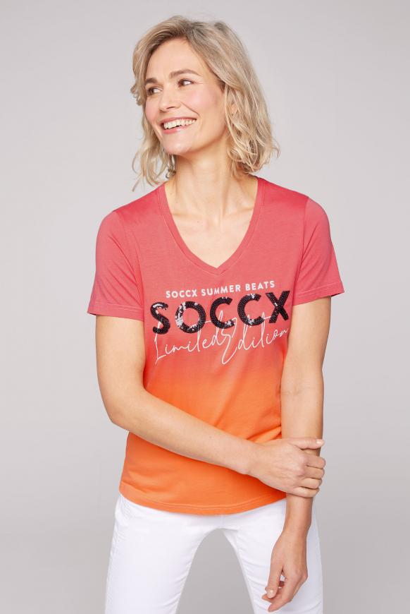 Dip Dye V-Shirt mit Pailletten-Logo pink blush / orange peel
