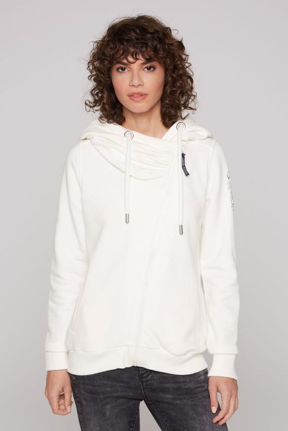 Kapuzensweatjacke mit diagonalem Reißverschluss ivory