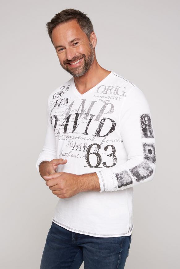Langarmshirt mit V-Neck und Logo Prints opticwhite
