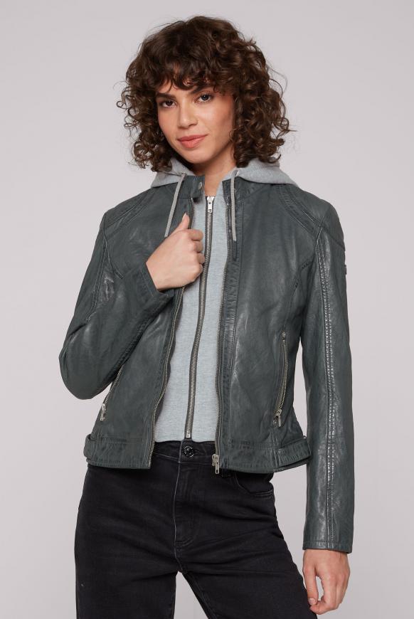 Lederjacke im Biker-Stil mit Kapuzeneinsatz dark green