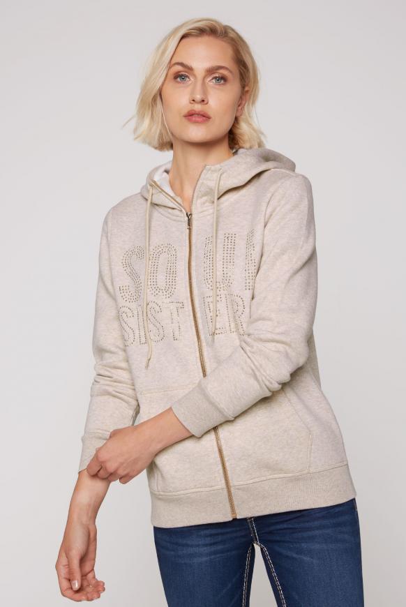 Melierte Sweatjacke mit Kapuze und Artwork beige melange