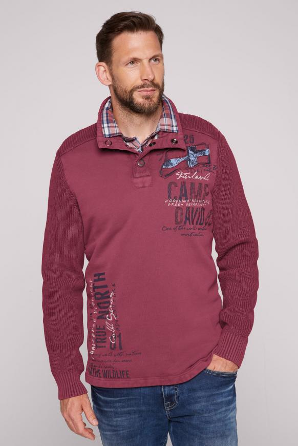 Stone Washed Troyer-Pullover im Materialmix dark red