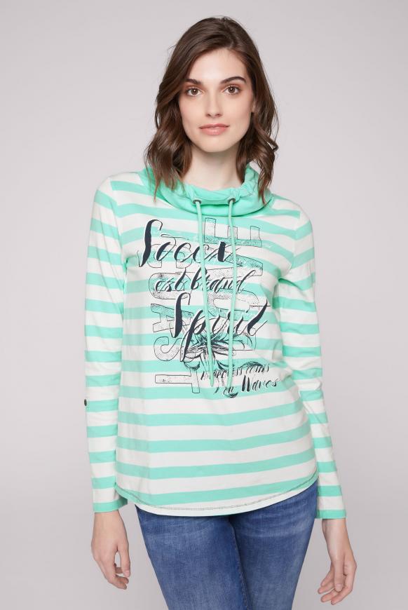 Streifenshirt mit hohem Kragen und Print ocean aqua