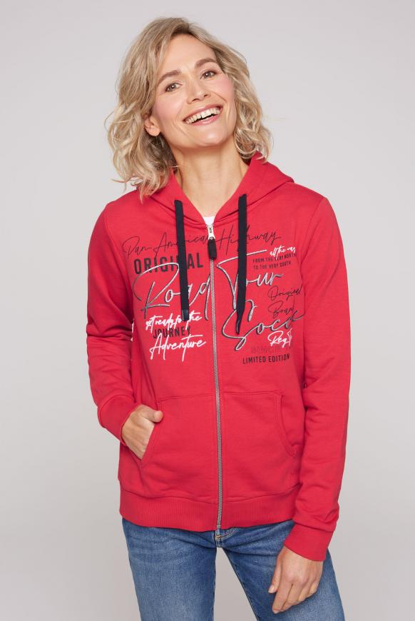 Sweatjacke mit Kapuze und Artwork red orange