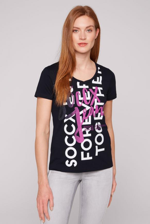 T-Shirt mit V-Ausschnitt und Glitter Puff Print black