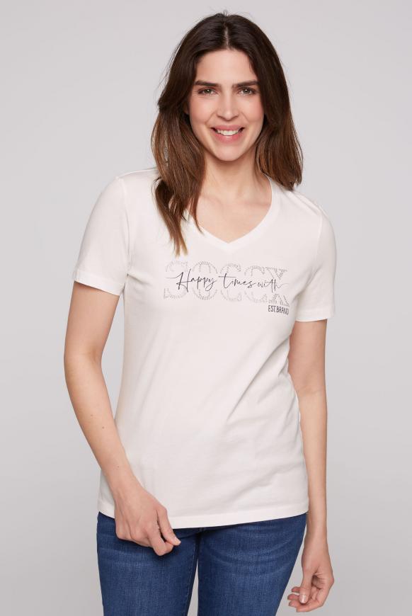 T-Shirt mit V-Ausschnitt und Logo Artwork ivory