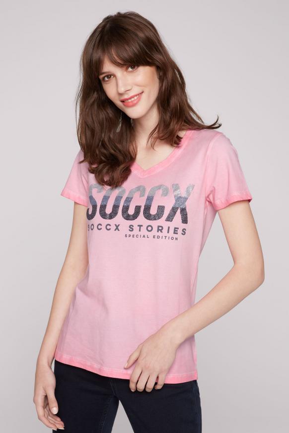 T-Shirt mit V-Ausschnitt und Logo Artwork new pink