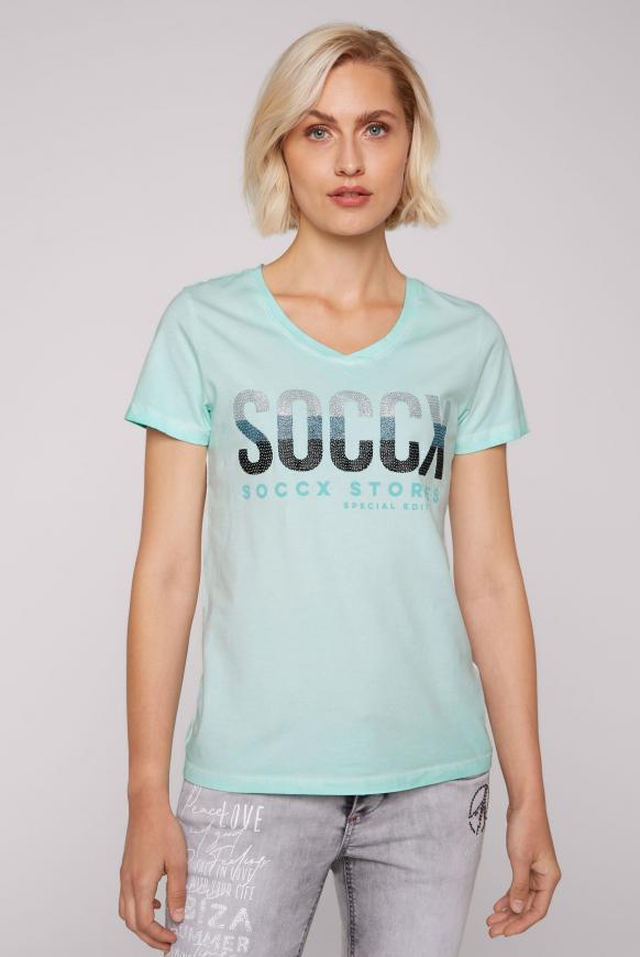 T-Shirt mit V-Ausschnitt und Logo Artwork cool mint