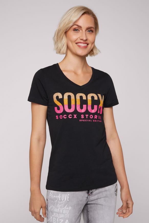 T-Shirt mit V-Ausschnitt und Logo Artwork black