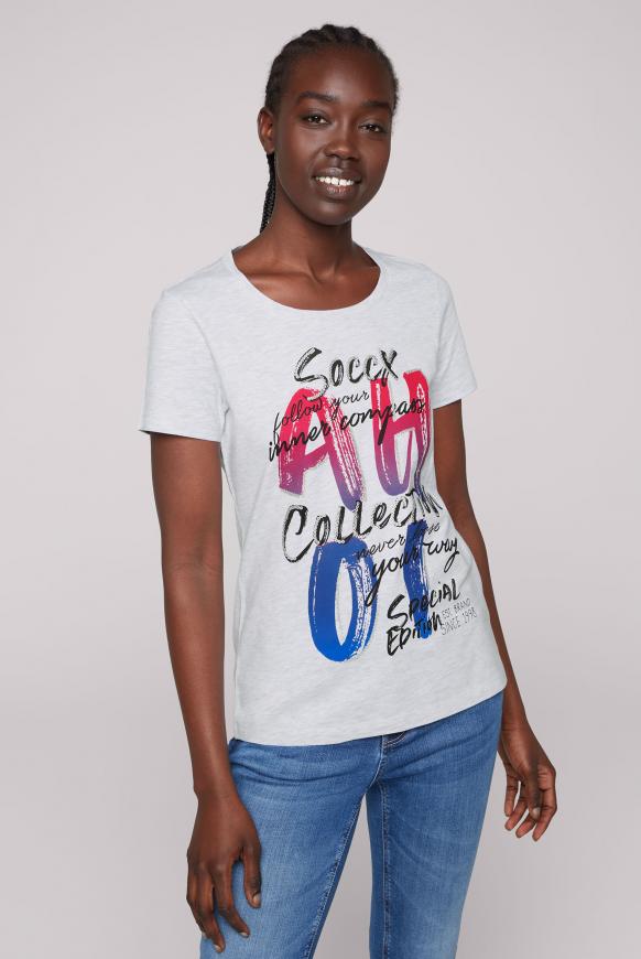 T-Shirt mit Wording und Pailletten-Print white melange
