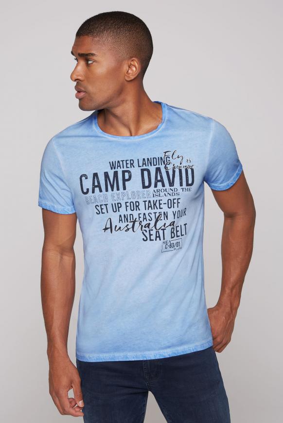T-Shirt Oil Dyed mit Label Print scuba blue