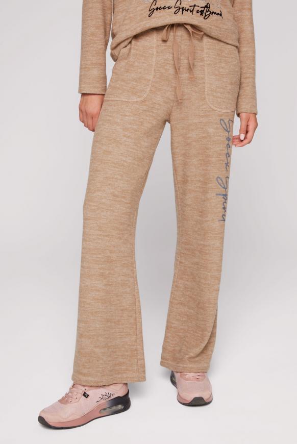 Weite Hose aus Strickfleece mit Logo chestnut melange