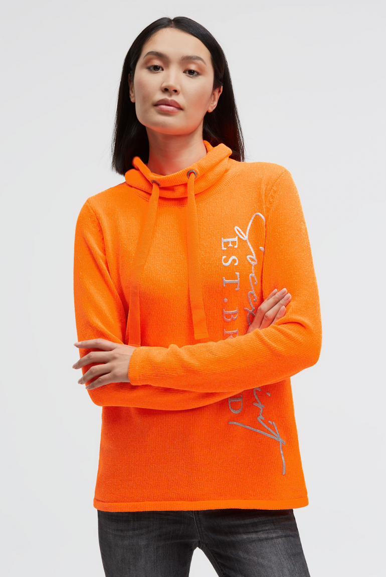 Chenille-Pullover mit hohem Kragen und Artwork neon orange