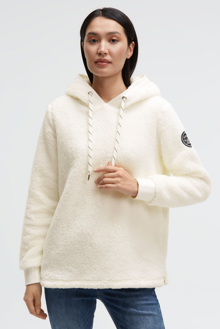 Hoodie aus Sherpa-Fleece mit Label Patch ivory