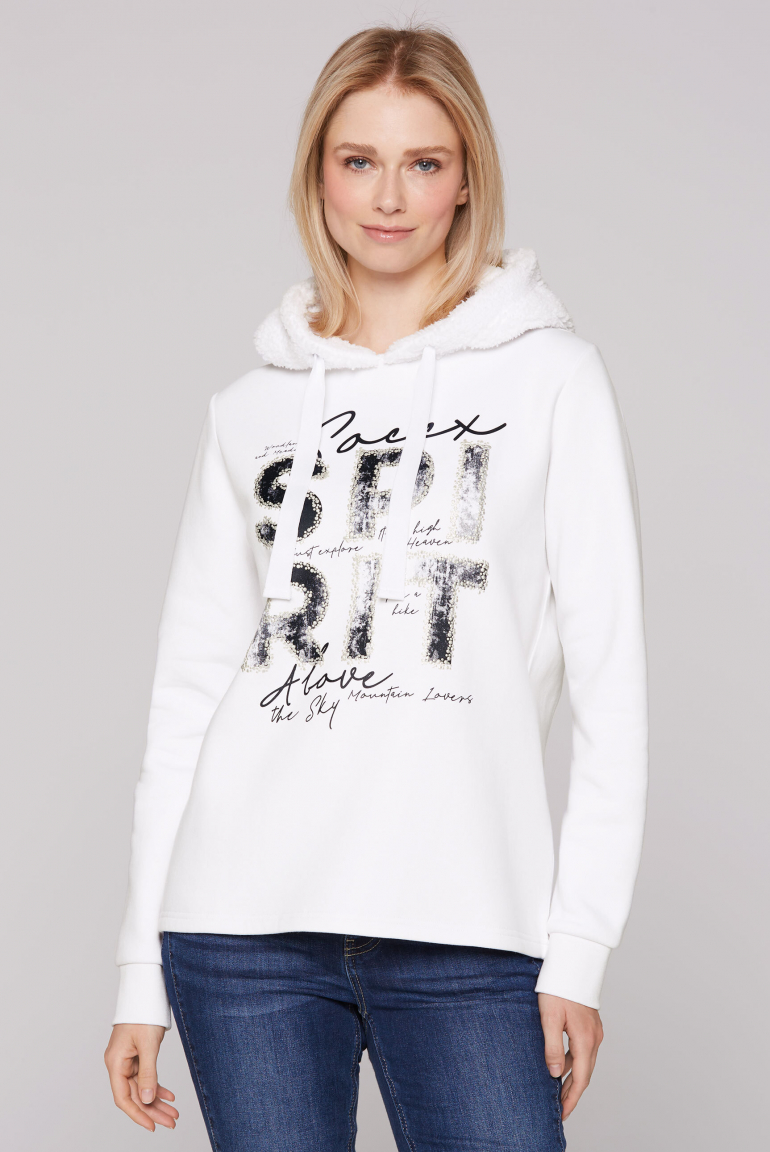 Hoodie mit Kapuze im Sherpa-Look und Artwork opticwhite