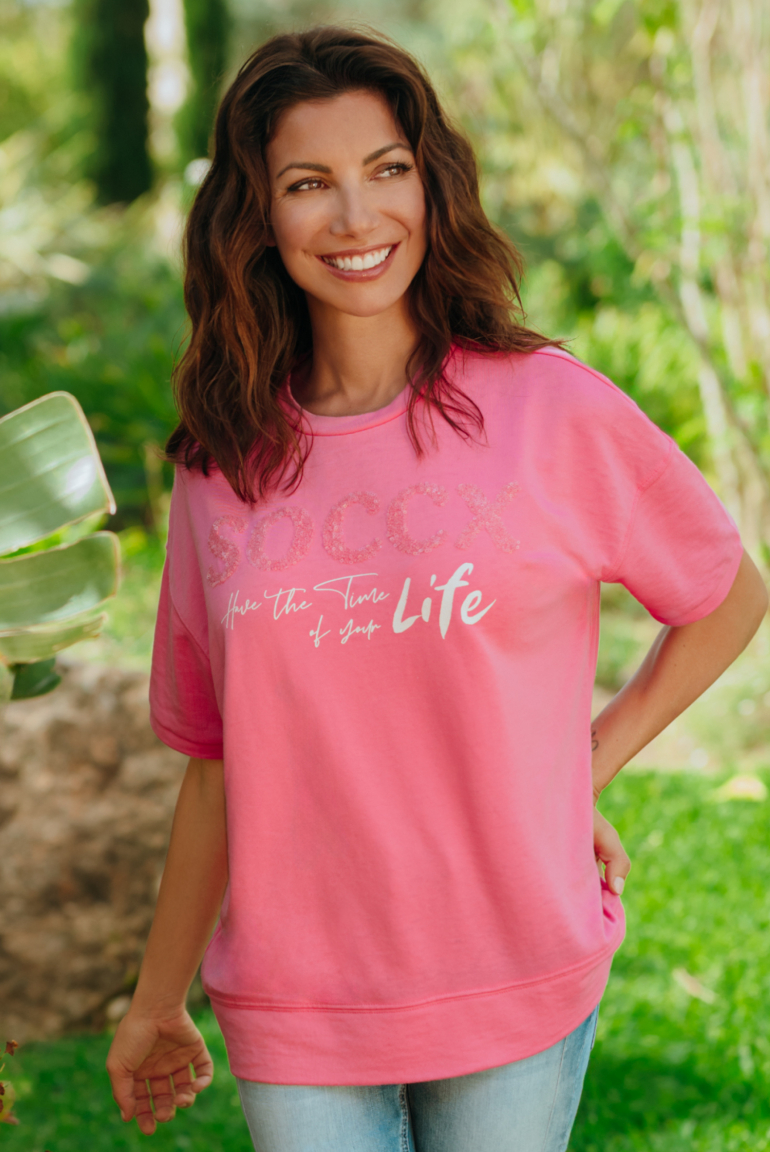 Kurzarm-Sweatshirt mit Pailletten-Logo floral pink