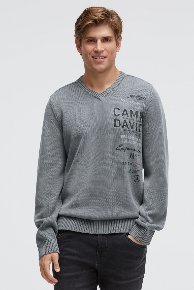 Pullover V-Neck mit Logo Print und Tapes dark stone