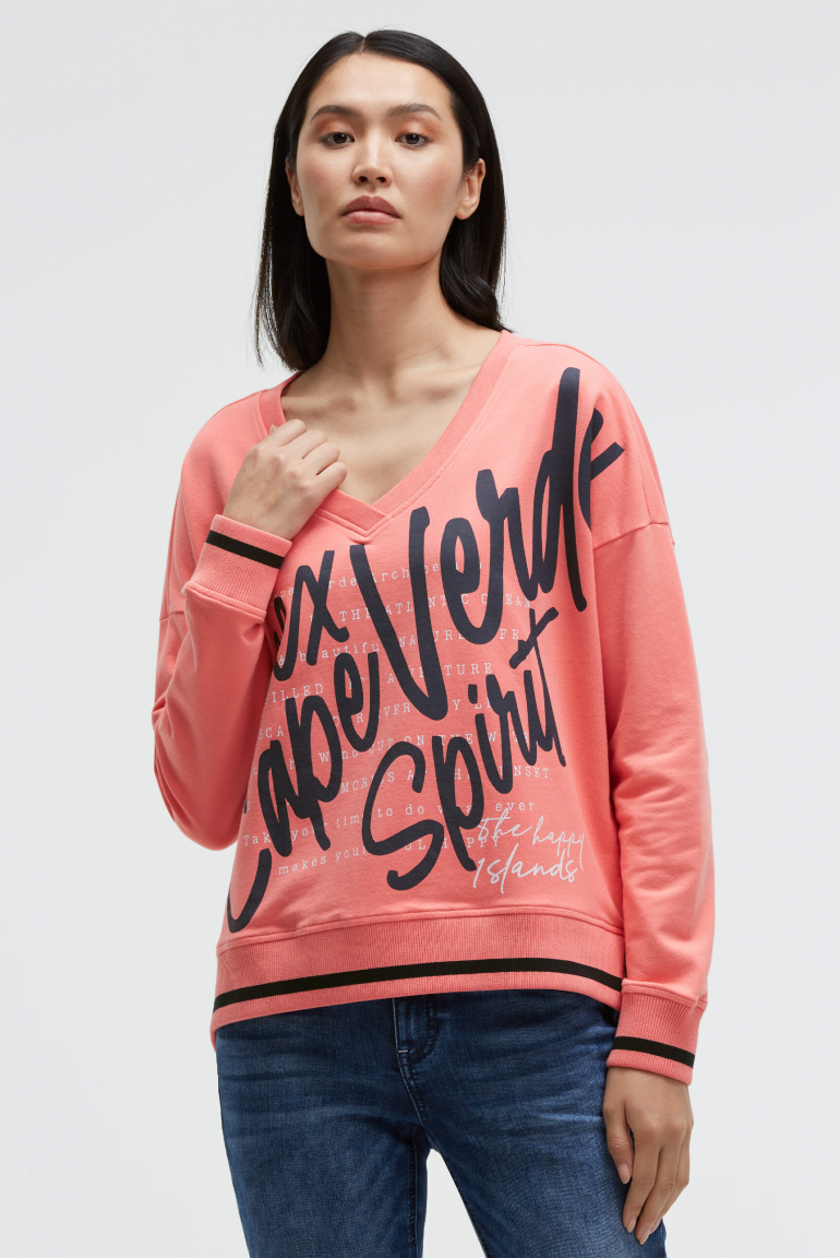 Sweatshirt mit V-Ausschnitt und Wording Print apricot sunset