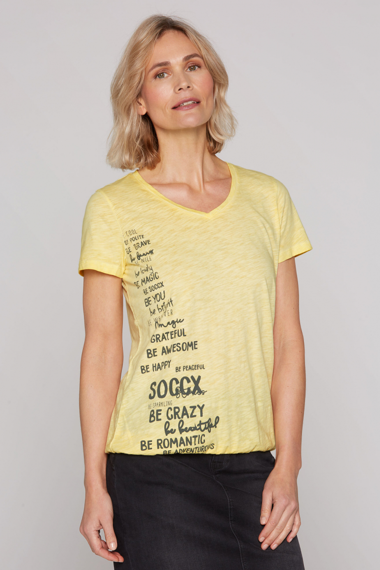 T-Shirt mit Gummizugsaum und Label Print soft yellow