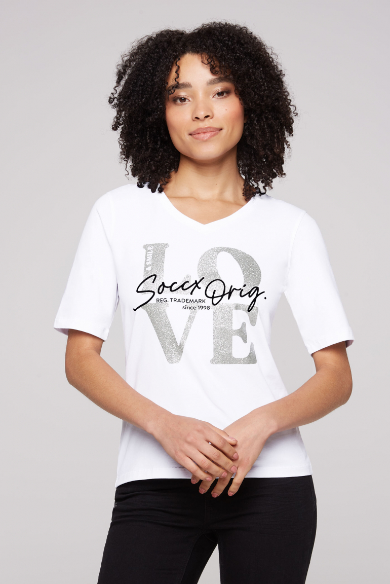 T-Shirt mit V-Ausschnitt und Print opticwhite