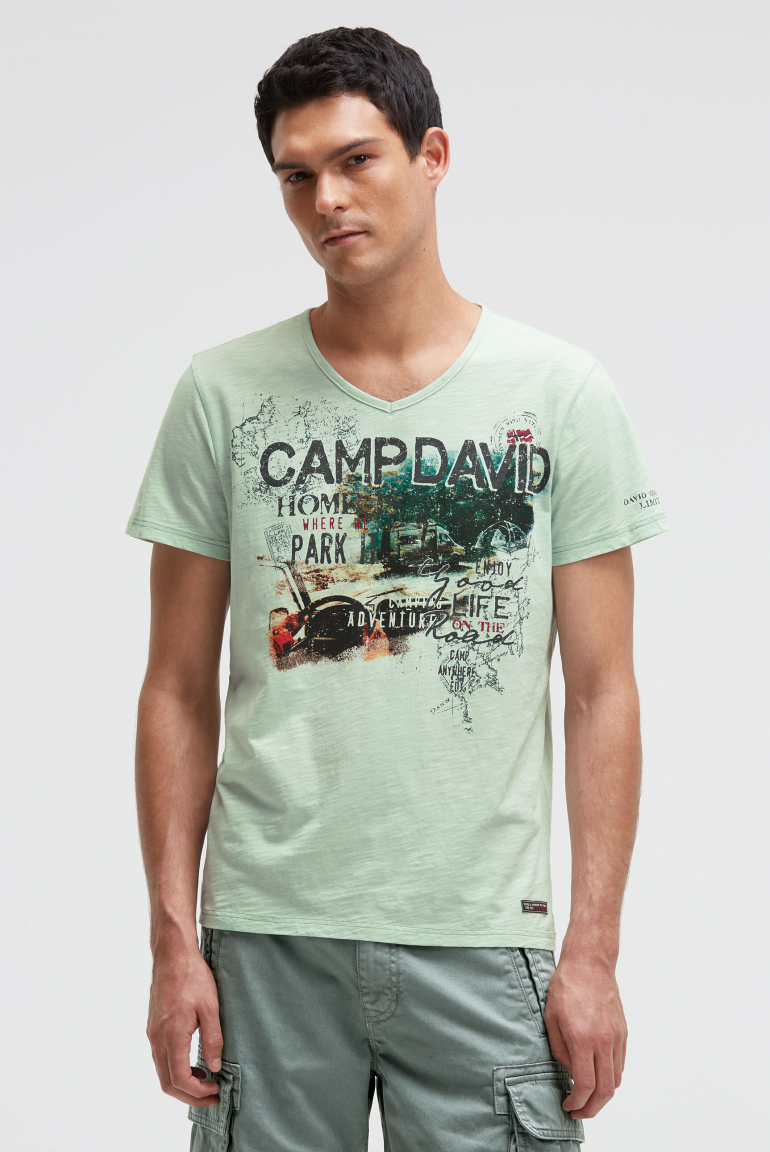 T-Shirt mit V-Neck und Photoprint faded mint