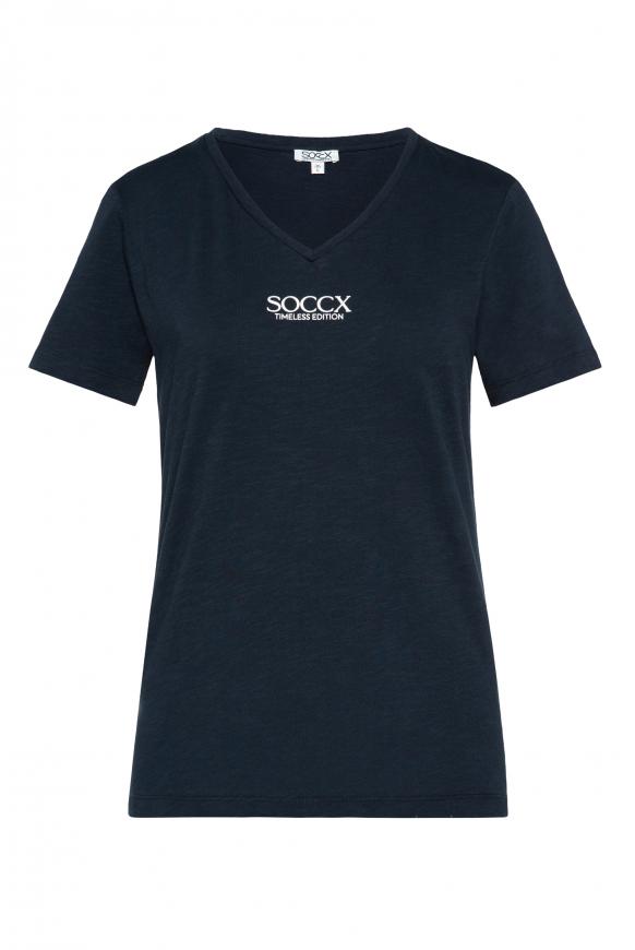 Basic T-Shirt mit V-Ausschnitt und Logo blue navy