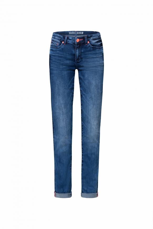 Jeans RO:MY mit Used-Optik und Kontrastknopf medium blue used
