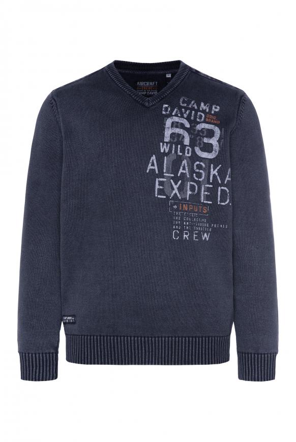 Stone Washed Pullover mit V-Neck deep sea