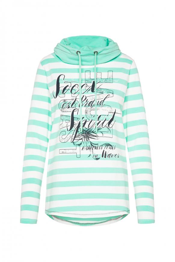 Streifenshirt mit hohem Kragen und Print ocean aqua
