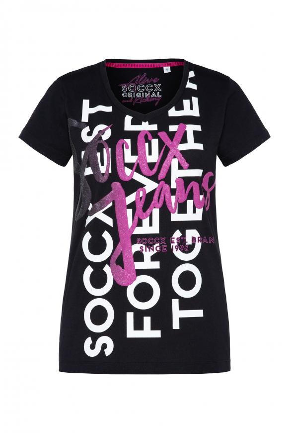 T-Shirt mit V-Ausschnitt und Glitter Puff Print black