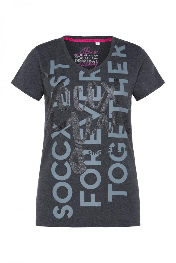 T-Shirt mit V-Ausschnitt und Glitter Puff Print anthra melange