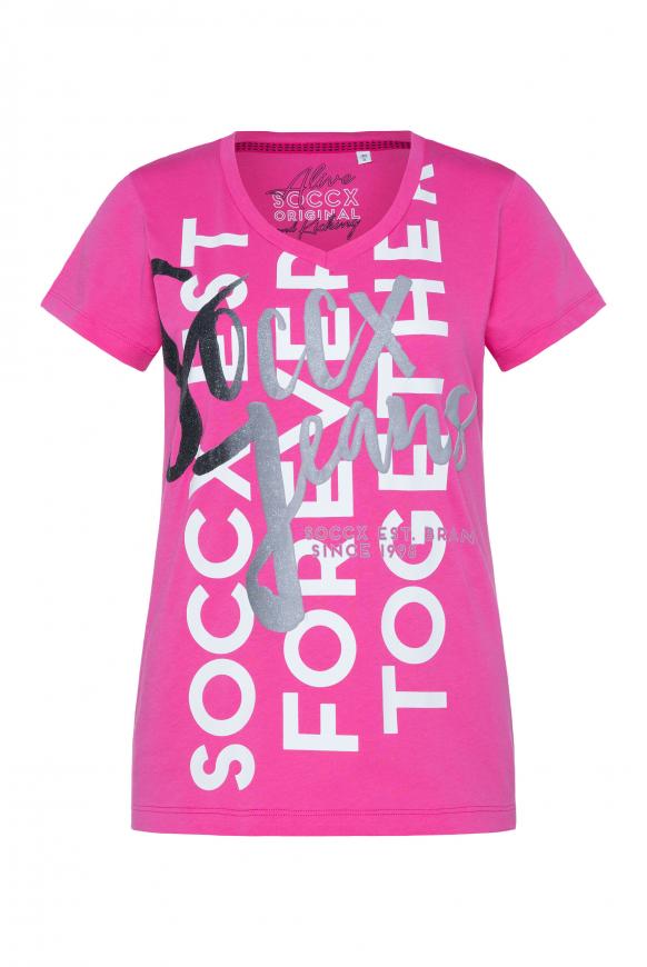 Print T-Shirt | mit und SOCCX new V-Ausschnitt CAMP Glitter Puff & pink DAVID