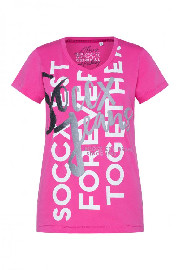 T-Shirt mit V-Ausschnitt und Glitter Puff Print new pink