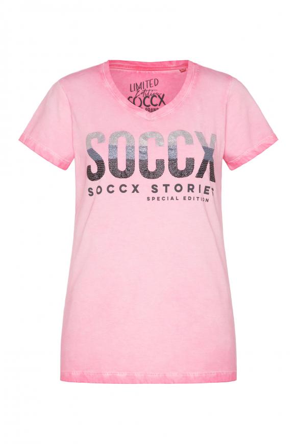 T-Shirt mit V-Ausschnitt und Logo Artwork new pink