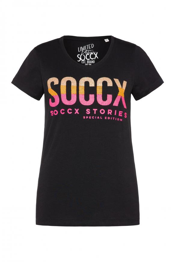 T-Shirt mit V-Ausschnitt und Logo Artwork black