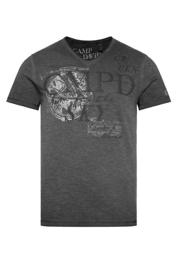 T-Shirt mit V-Ausschnitt und Used Prints black