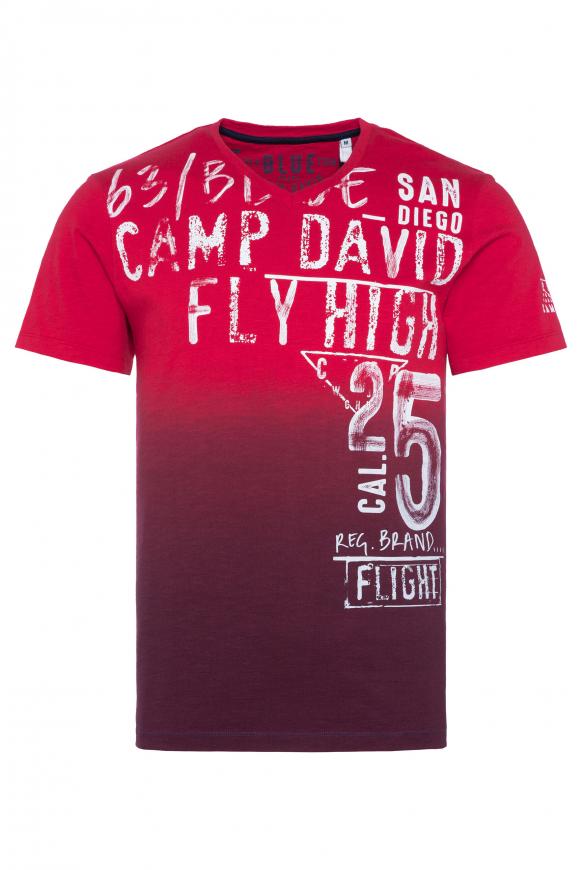 V-Shirt Dip Dye mit Used Print red sun / reef blue