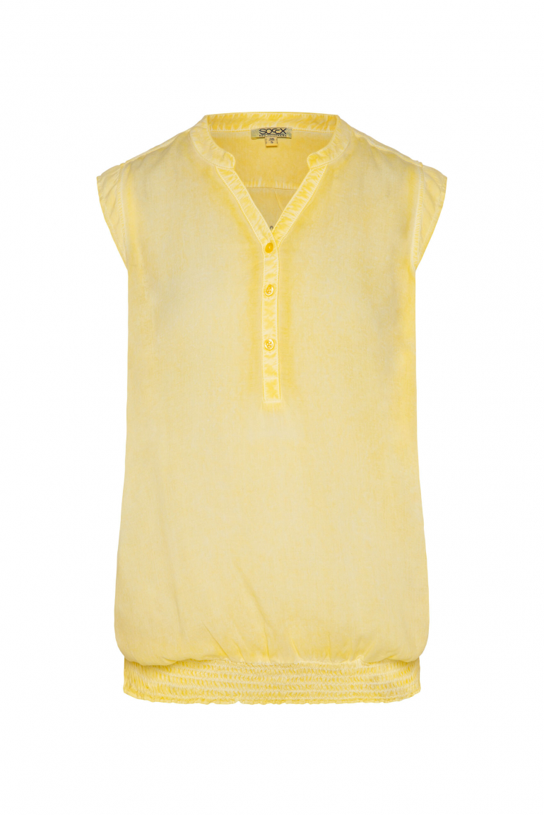 Ärmellose Bluse mit gesmoktem Saum und Rückenprint