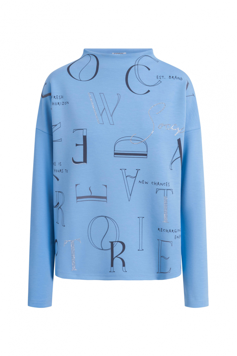 Boxy-Sweatshirt mit Print und Schmucksteinen