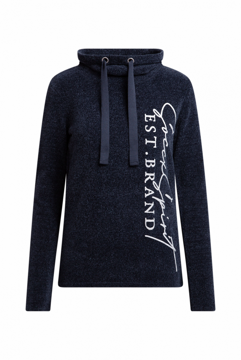 Chenille-Pullover mit hohem Kragen und Artwork blue navy