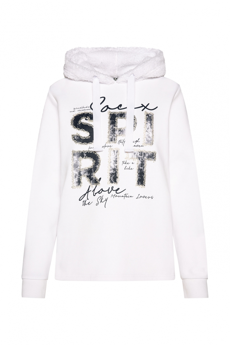 Hoodie mit Kapuze im Sherpa-Look und Artwork opticwhite