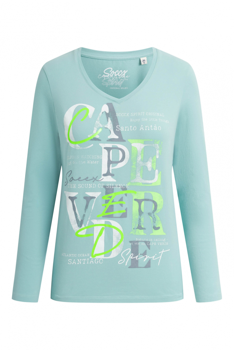 Langarmshirt mit V-Ausschnitt und Wording Print misty mint