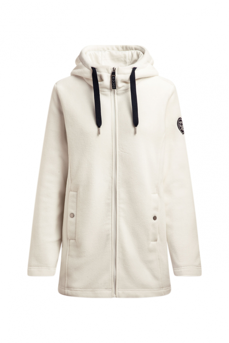 Lange Fleecejacke mit Kapuze und Label Patch ivory