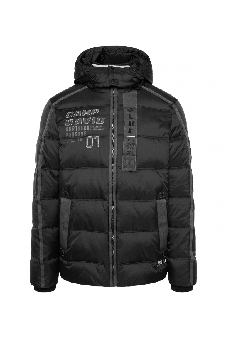 Lange Steppjacke mit Tapes, Patches und Kapuze black