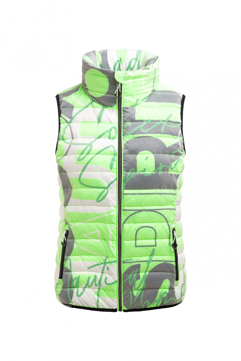 Steppweste mit Kapuze im Kragen und All Over Print neon leaf