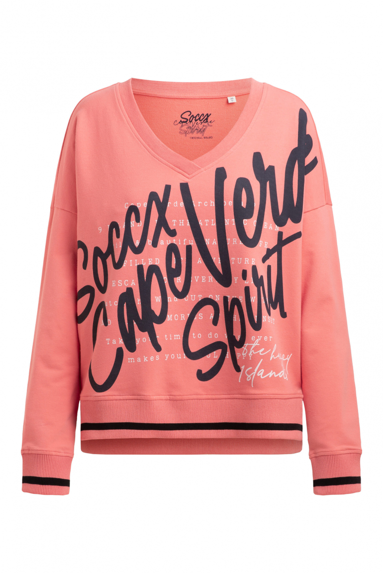 Sweatshirt mit V-Ausschnitt und Wording Print apricot sunset