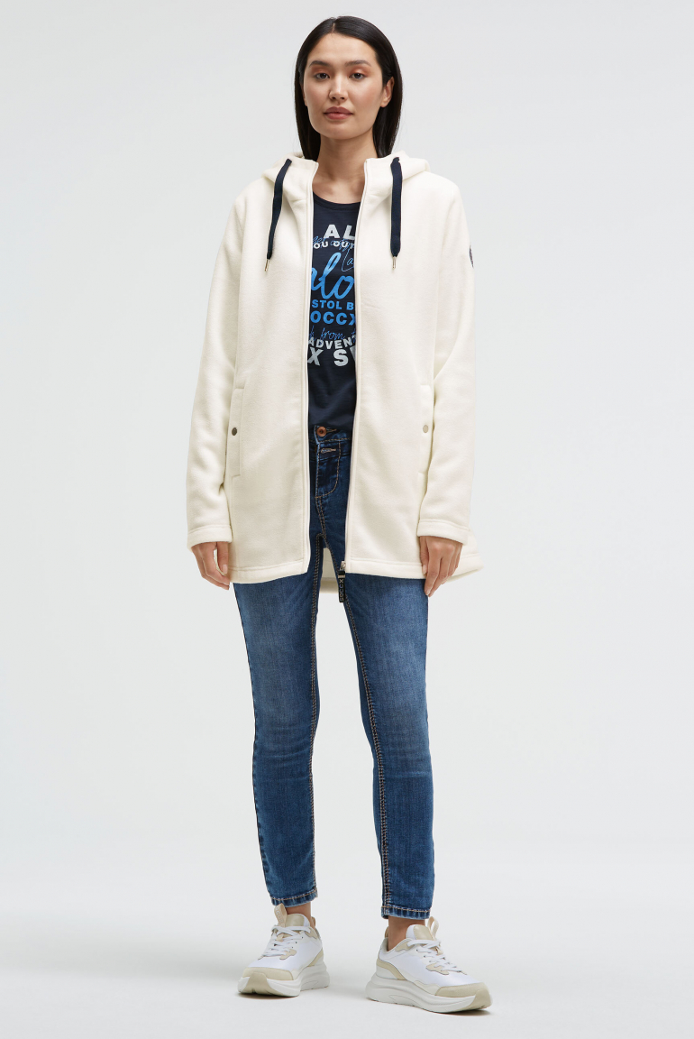 Lange Fleecejacke mit Kapuze und Label Patch