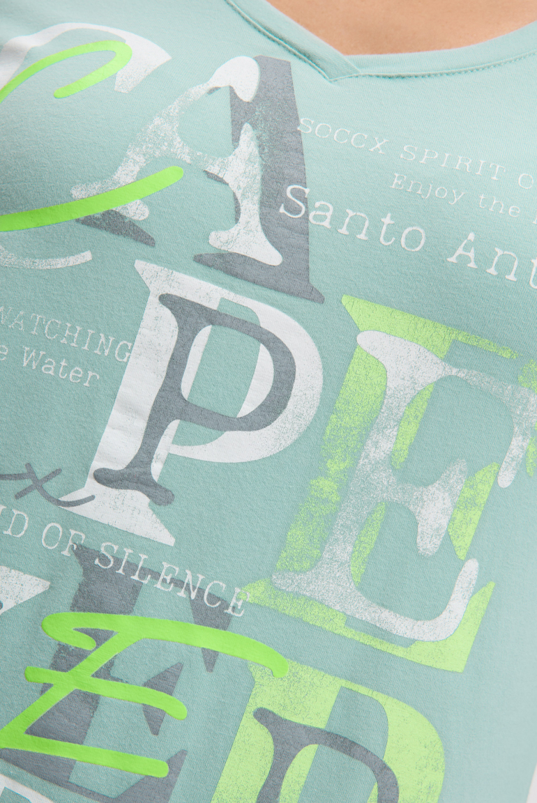 Langarmshirt mit V-Ausschnitt und Wording Print